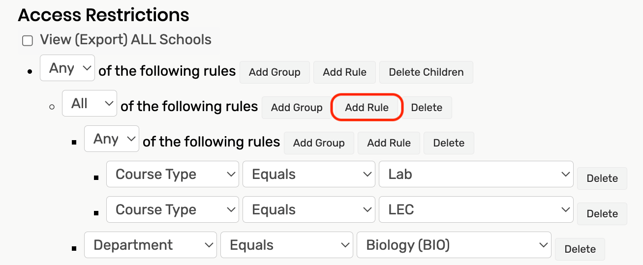 The add rule button is highlighted for group two.