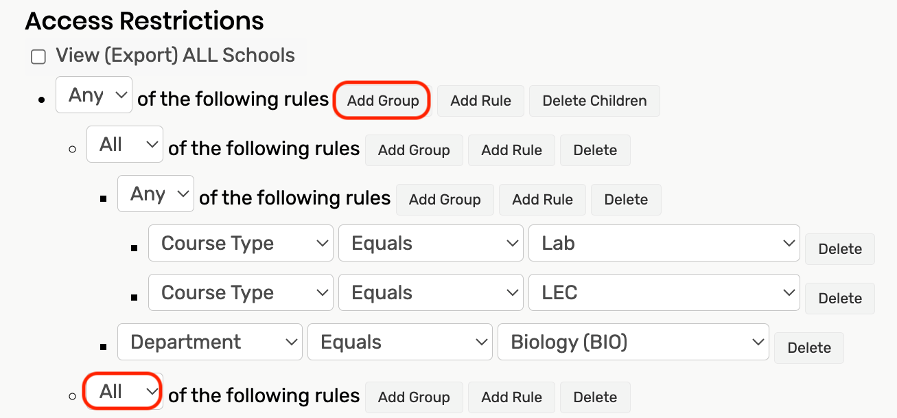 The add group button is highlighted for the first group. The new group has All selected in the dropdown.