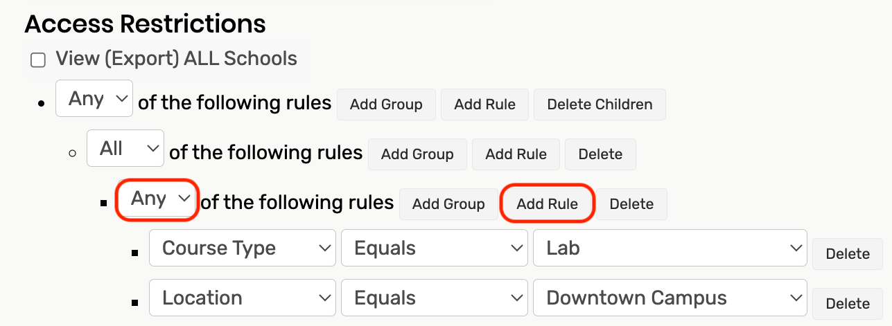 Any is selected for the third group. The add rule button is highlighted for the third group.