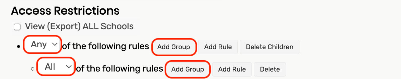 Any is selected in the first group dropdown. All is selected for the second groups' dropdown. Both groups have their Add group button highlighted.