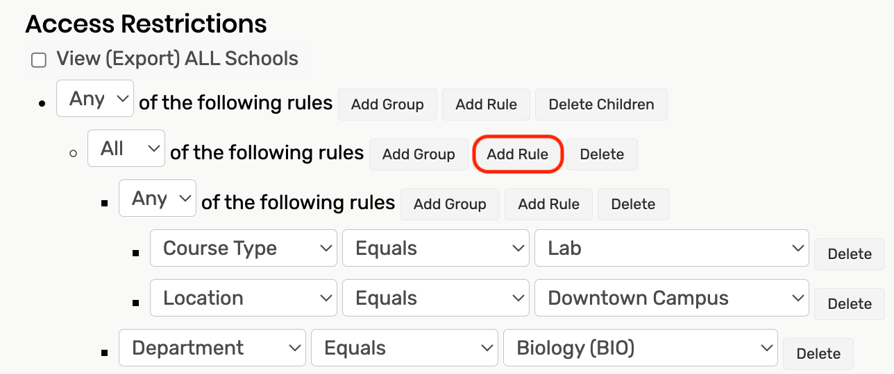 The add rule button is highlighted for the second group.