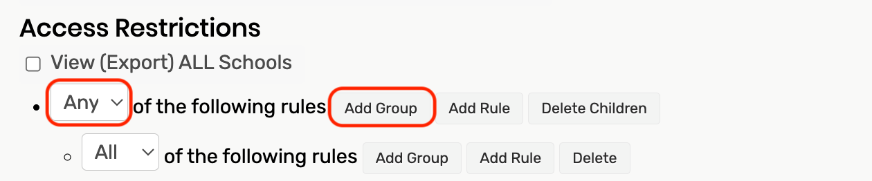 Any selected in dropdown. Add group button highlighted.
