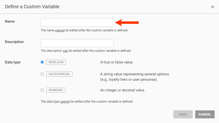 Callout of the Name field on the Define a Custom Variable modal