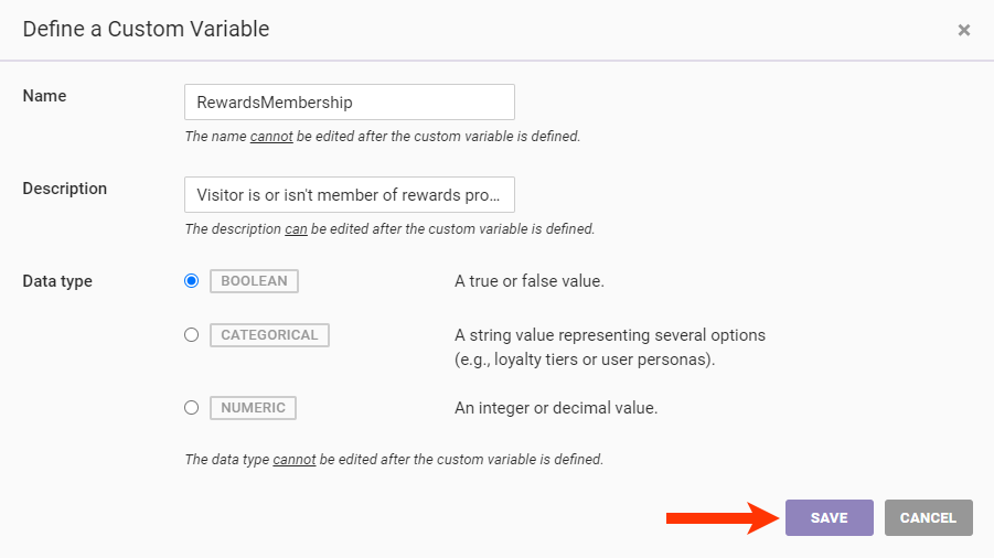Callout of the SAVE button on the Define a Custom Variable modal