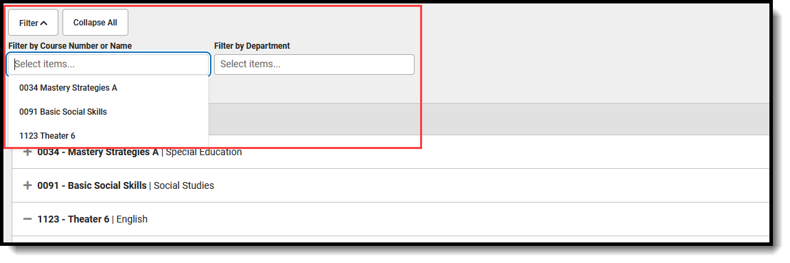 Screenshot of the filter options for Cross-Site Enrollment Setup