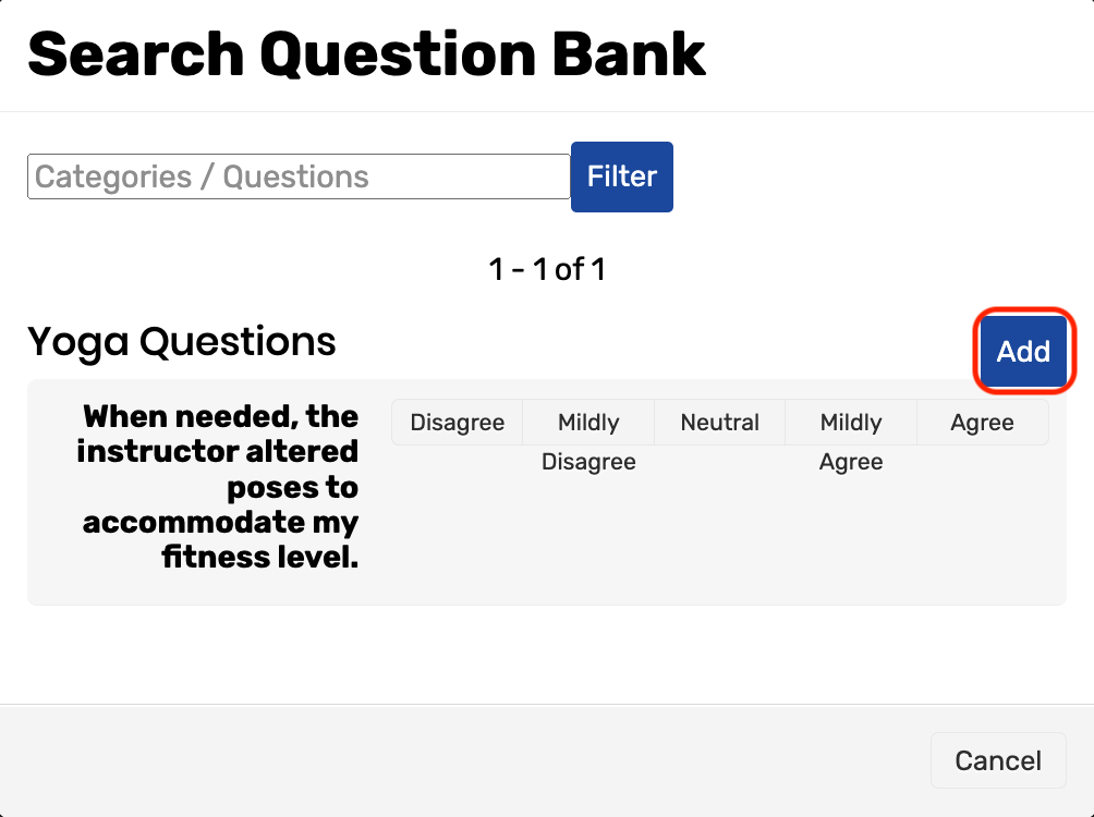 Add button on the Search Question Bank window