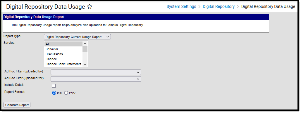 Screenshot of the Digital Repository Data Usage editor.