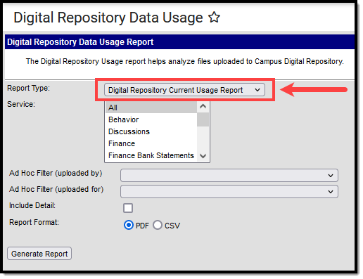 Screenshot of the Digital Repository Current Usage Report option selected in the report type field.