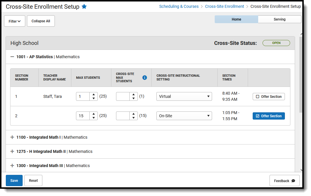 Screenshot of the Cross-Site Enrollment Setup tool, located at Scheduling & Courses, Cross-Site Enrollment.