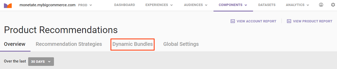 Callout of the Dynamic Bundles tab on the Product Recommendations Overview page
