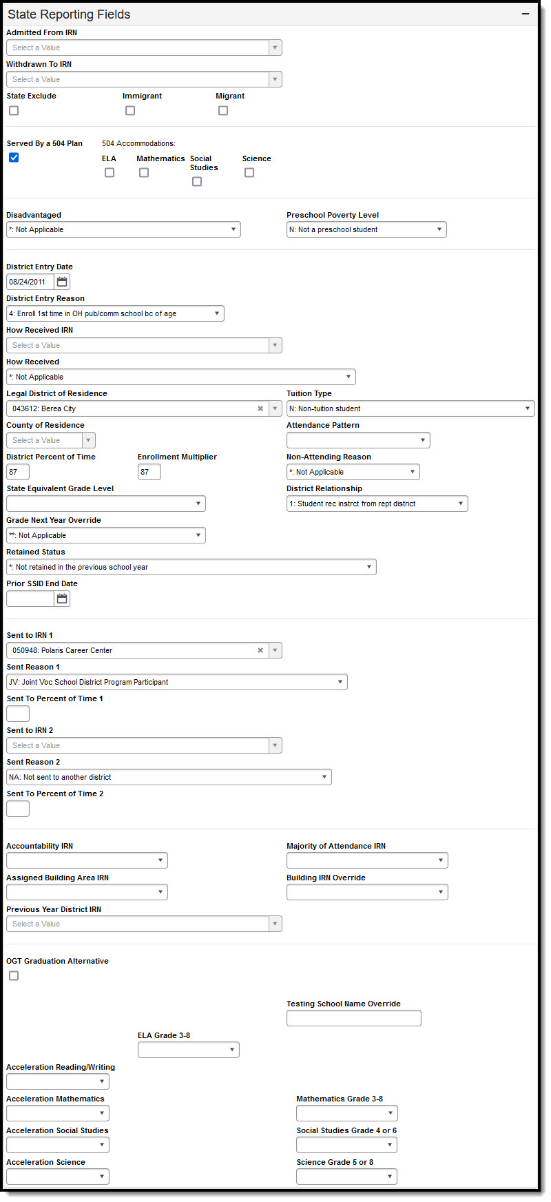 Screenshot of the State Reporting Fields section of an enrollment. 