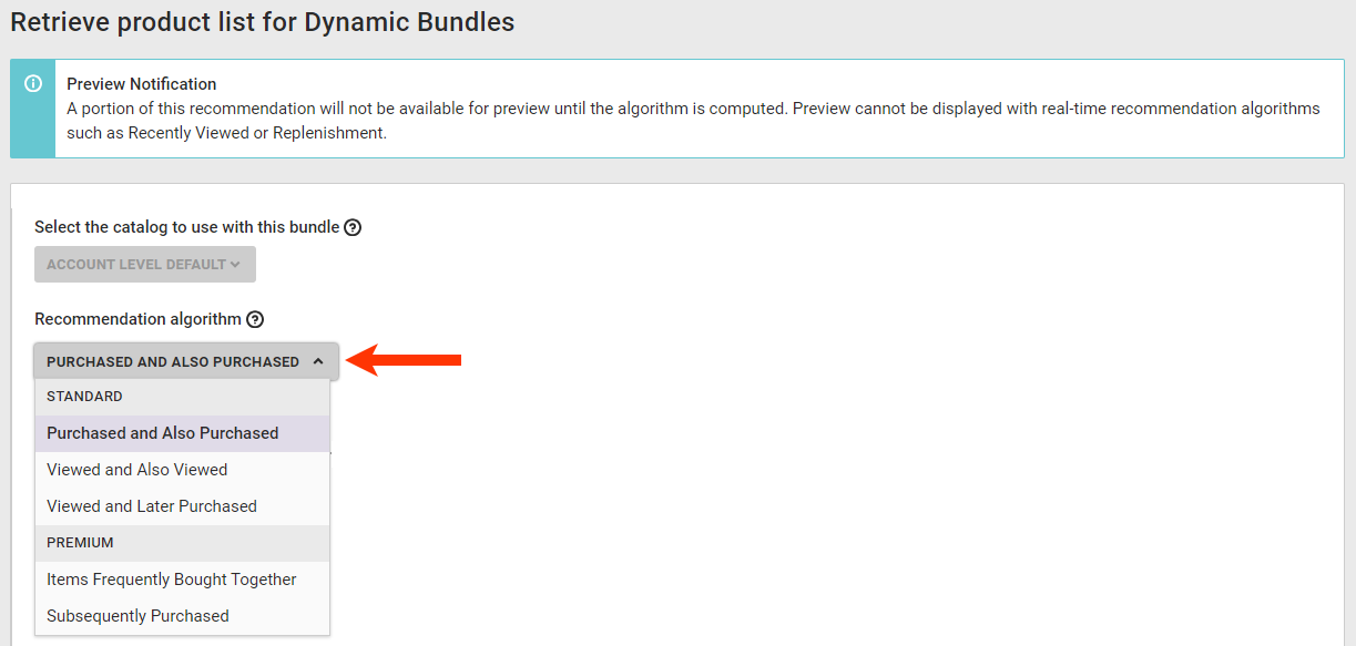 Callout of the 'Recommendation algorithm' selector on the Dynamic Bundle configuration page