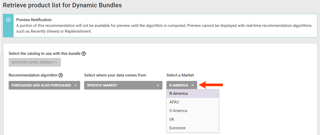 Callout of the Select a Market selector on the Dynamic Bundle configuration page