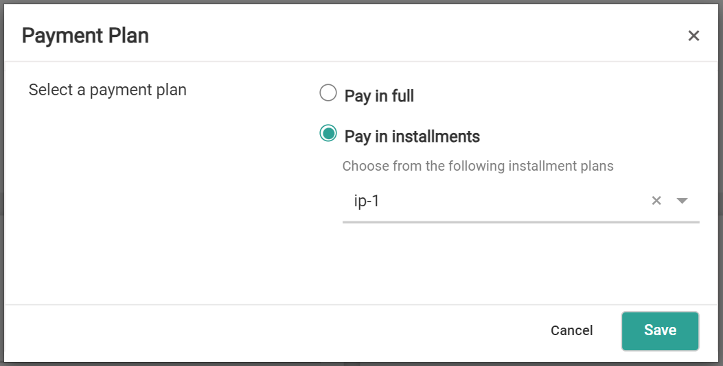 The Payment Plan pop-up with an example installment selected