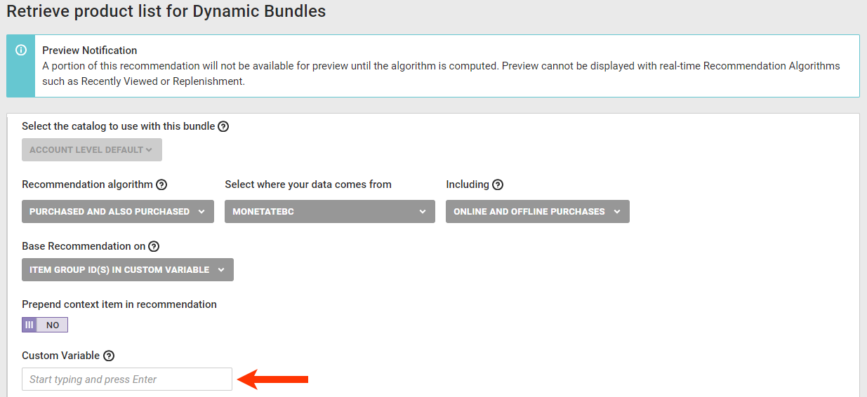 Callout of the 'Custom Variable' field on the Dynamic Bundle configuration page