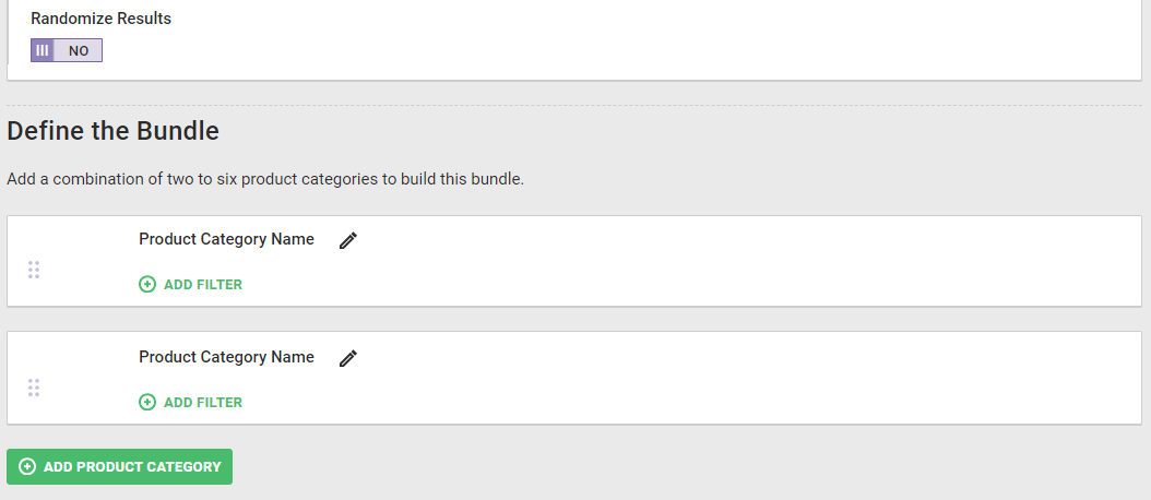 The 'Define the Bundle' section of the Dynamic Bundle configuration page. Two placeholder product categories are present.