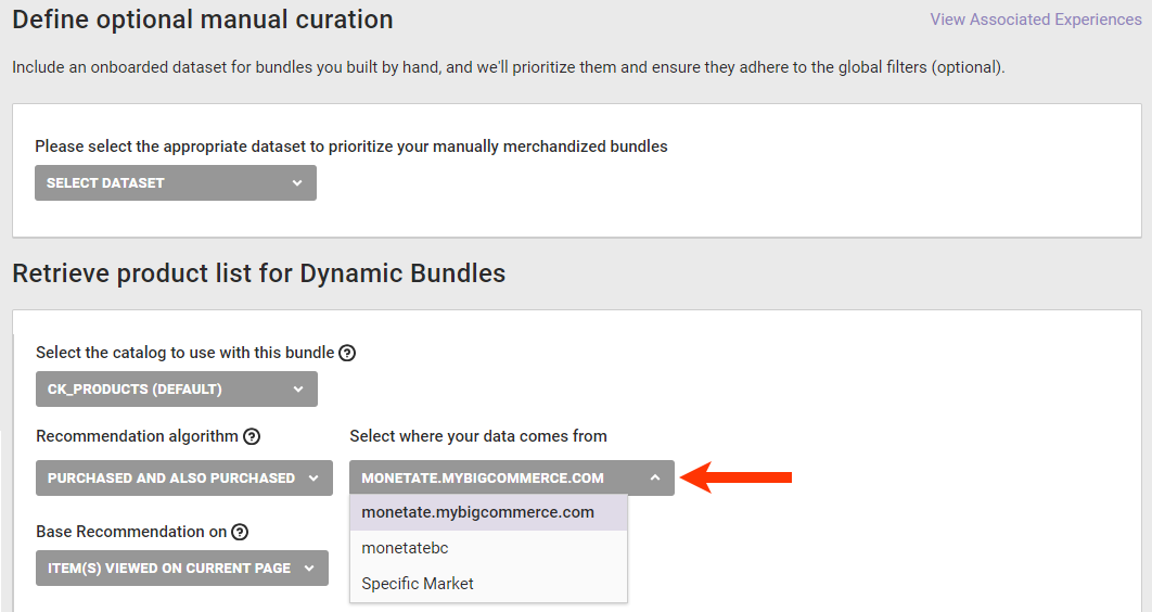 Callout of the 'Select where your data comes from' selector on the Dynamic Bundle configuration page