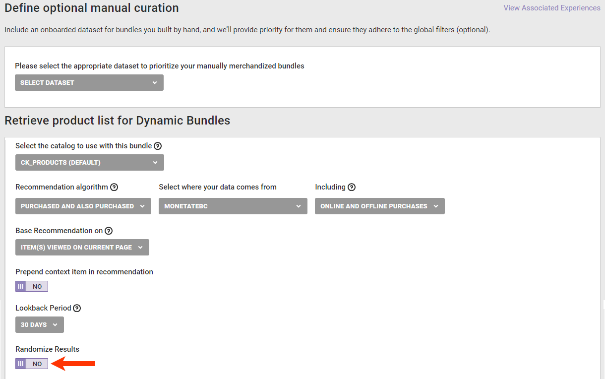 Callout of the Randomize Results toggle on the Dynamic Bundle configuration page