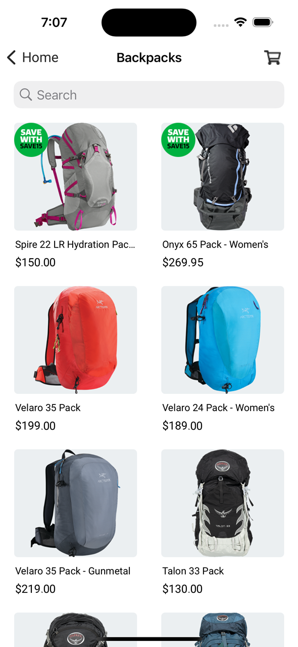 A product list page for backpacks as seen on an iPhone. Some of the product thumbnails have a green badge with the words 'SAVE WITH SAVE15.'