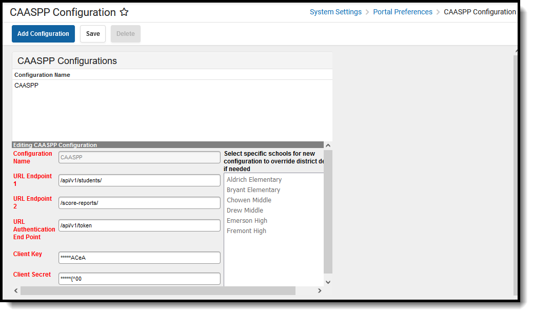 Screenshot of the CAASPP Congifuration tool, located at System Settings, Portal Preferences. 