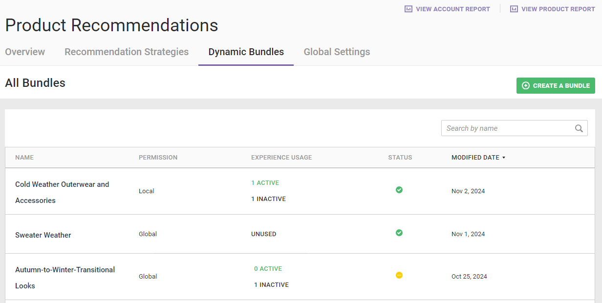 Example of the Dynamic Bundles list page in the Monetate platform