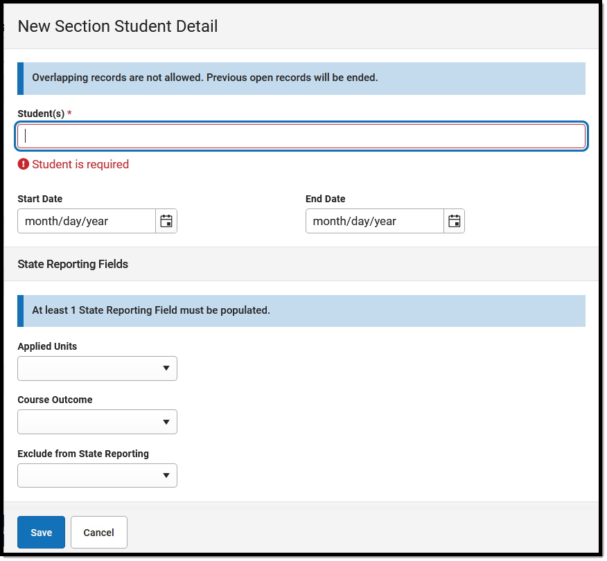 Screenshot of the new section student detail side panel.