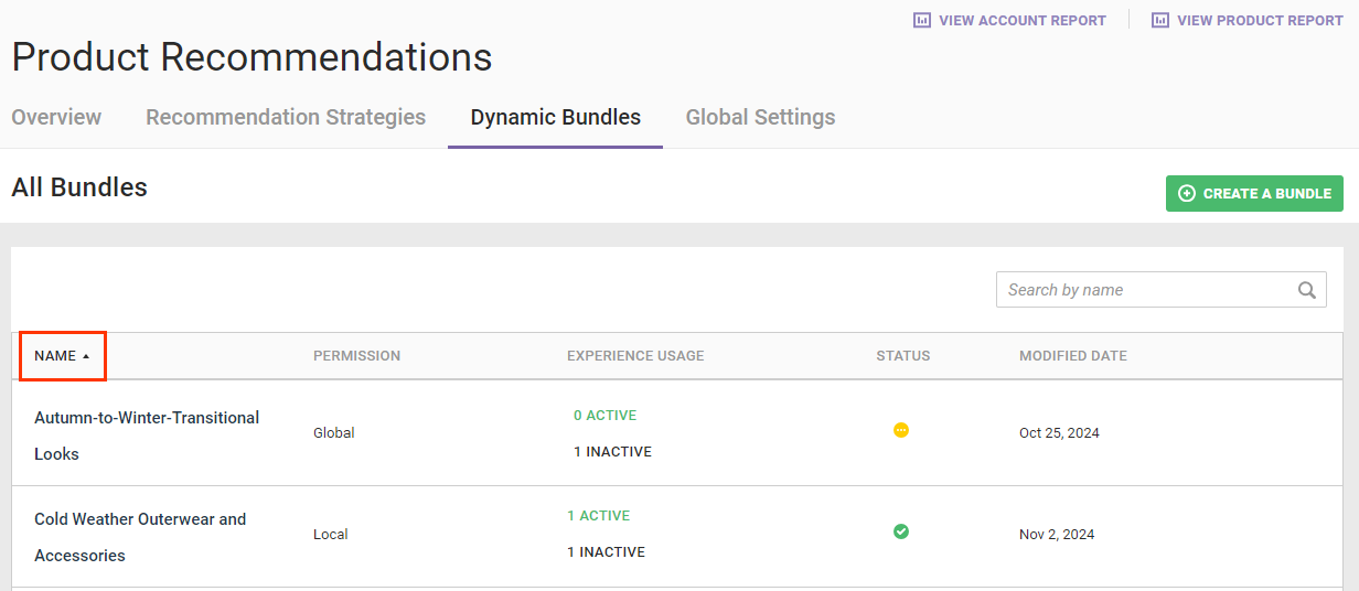 Callout of the NAME column header in the table of bundles on the Dynamic Bundles list page