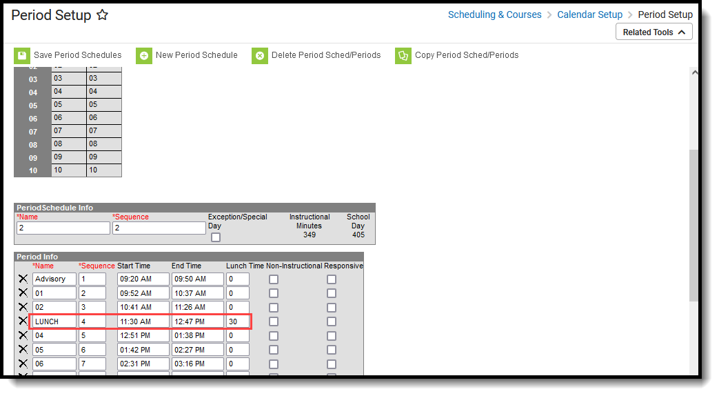 Screenshot of the Period Setup tool with a separate Lunch Period. 
