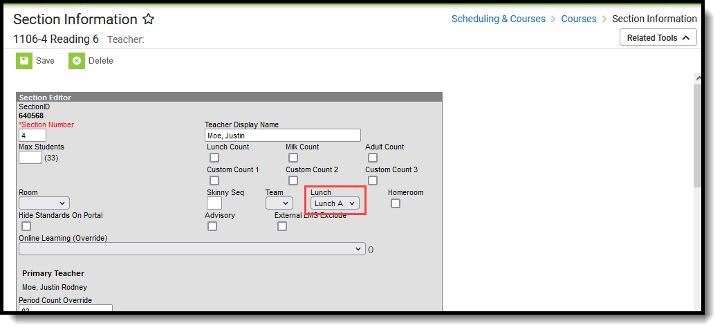 Screenshot of the Lunch field on the Section Information tool, located at Scheduling & Courses, Courses.