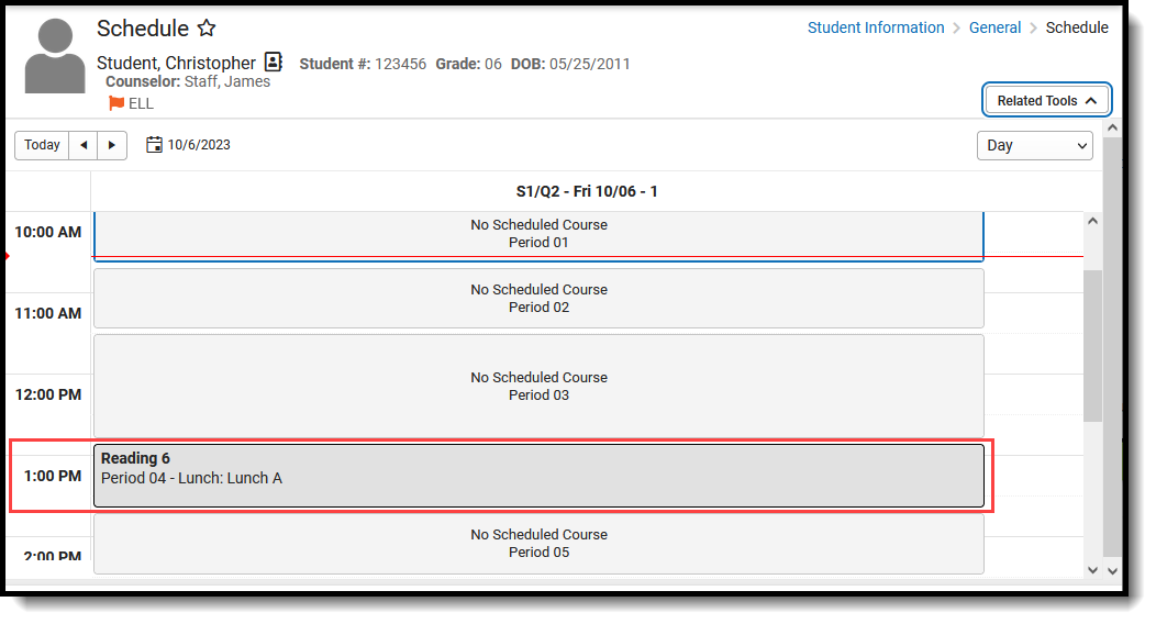 Screenshot of the Lunch assignment on the student's schedule. 