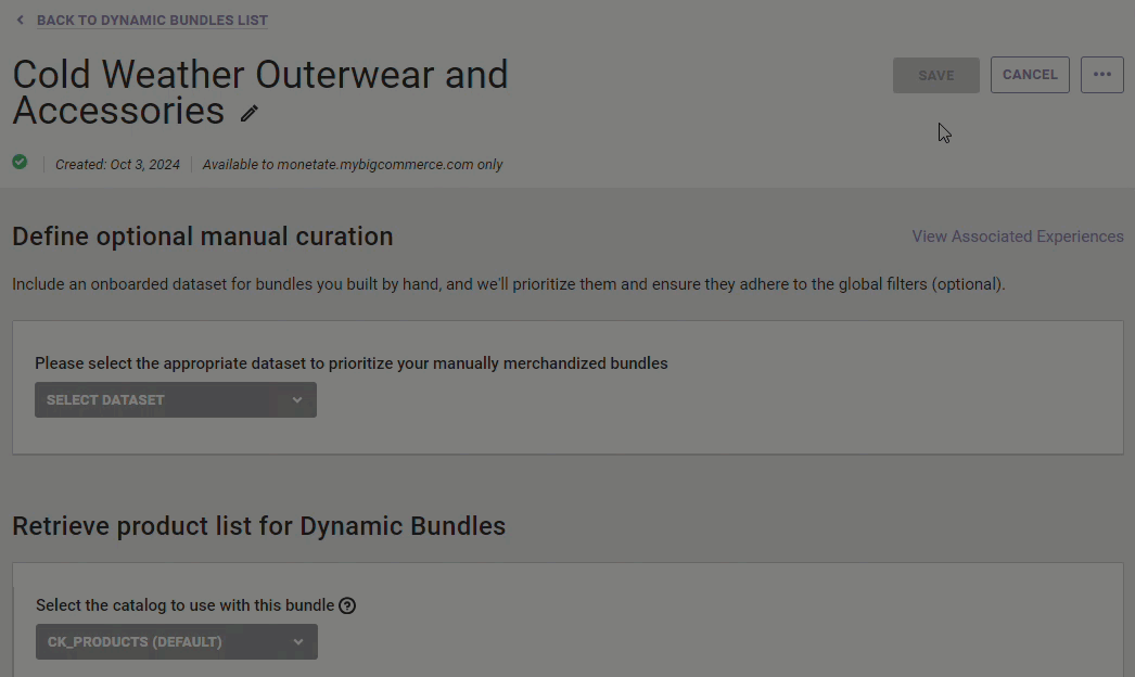 Animated demonstration of a user clicking the additional options menu on the Dynamic Bundle configuration page, selecting the Delete option, and then viewing the 'Delete Dynamic Bundle' modal that appears