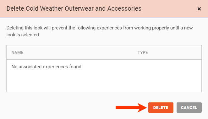 Callout of the DELETE button in the 'Delete Dynamic Bundle' modal for a bundle that isn't used in any experiences