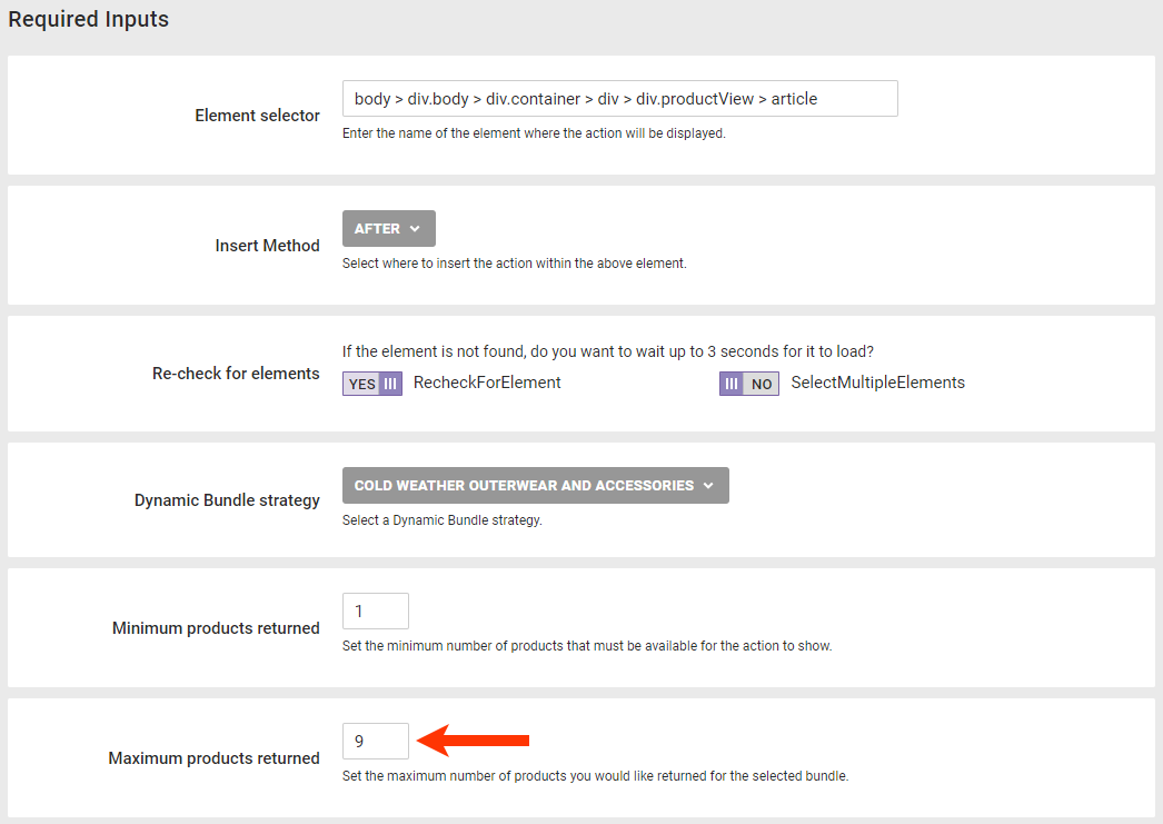 Callout of the Maximum products returned' field on the Dynamic Bundles action template