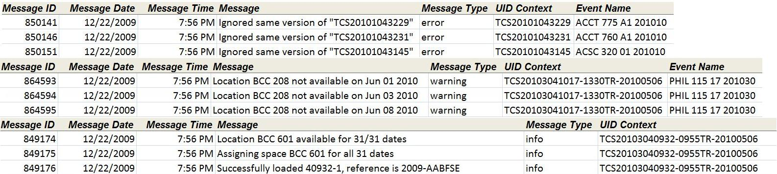 SIS Import messages excel example
