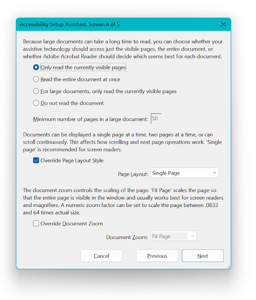 Adobe reader Accessibility setup assistant showing the options for reading the document