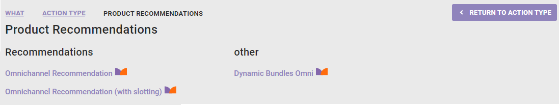 Callout of the Dynamic Bundles Omni Action template on the Recommendations panel of the WHAT settings