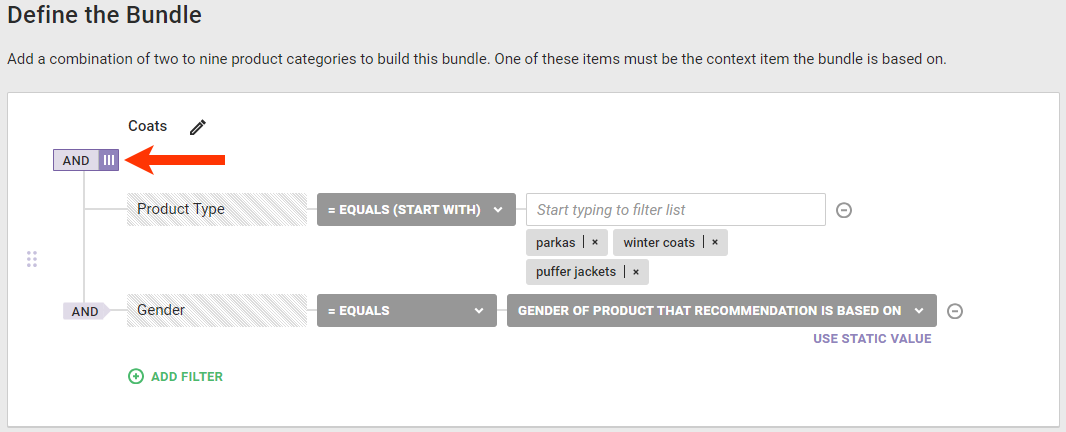 A bundle product category with two filters joined by AND logic