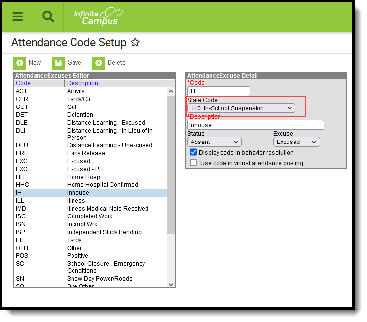 Screenshot of the Attendance Code Setup tool highlighting the selection of the State Code field with State Code 110 selected.