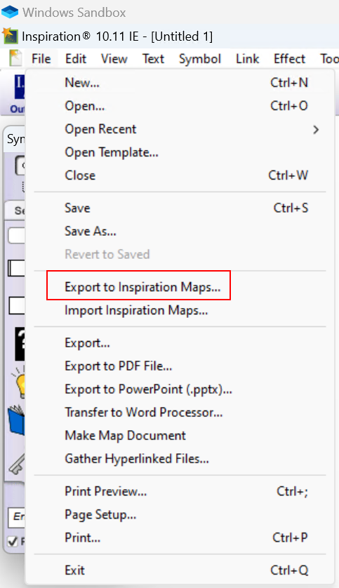 Inspiration file menu showing Export to Inspiration Maps highlighted