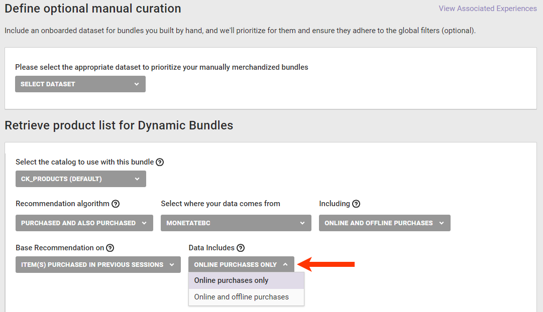 Callout of the Data Includes selector on the Dynamic Bundle configuration page