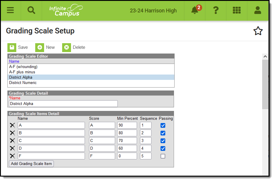 Screenshot of the grading scales setup tool, with a grading scale selected and items displayed. 