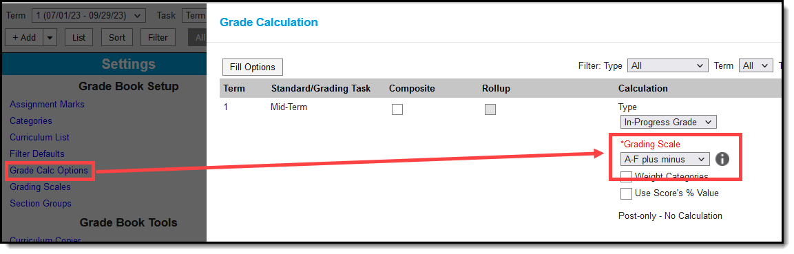 Screenshot highlighting where a grading scale is selected in the Grade Calc Options tool in the grade book.  