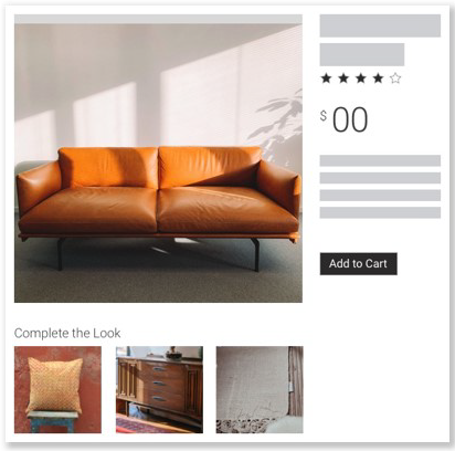 Example of a Monetate Dynamic Bundles action on a product detail page for a couch, with images of a coordinating sideboard, throw pillow, and rug suggested in a 'Complete the Look' slider at the bottom of the page