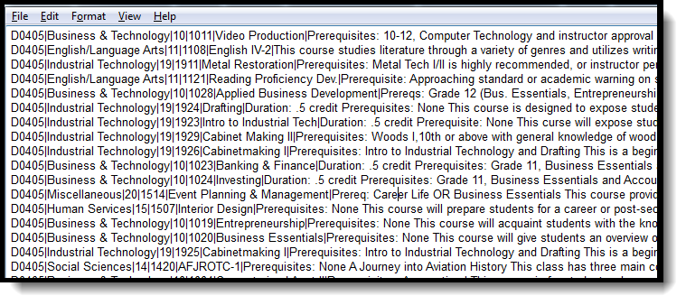 Screenshot of the Course Codes Extract in Pipe Delimited Format