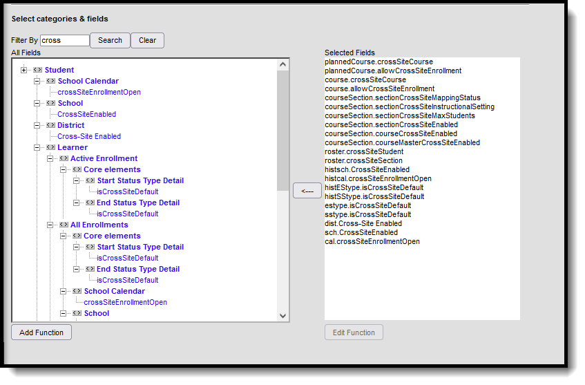 Screenshot of the Student Ad hoc fields for Cross Site.