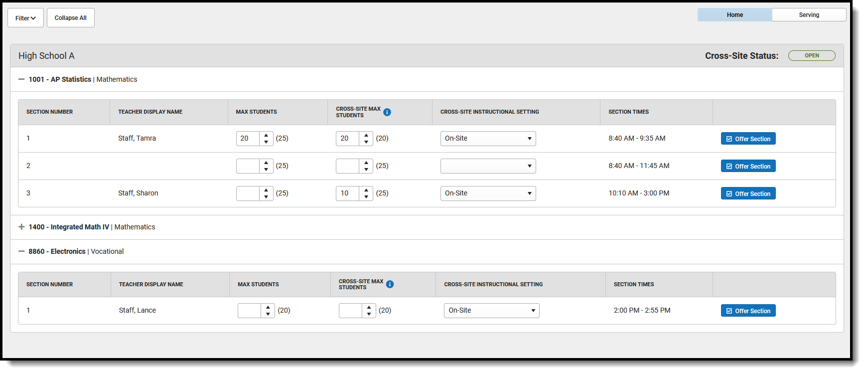 Screenshot of the Home view on the Cross-Site Enrollment Setup tool. 
