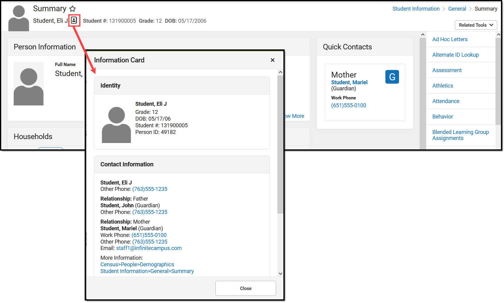 screenshot of accessing the person information card