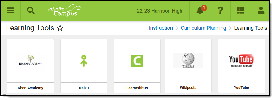 Screenshot of the list of Learning Tools displayed as clickable tiles. 