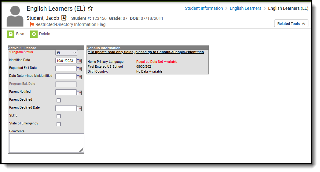 Screenshot of the EL Editor, located at Student Information, English Learners, English Learners (EL)