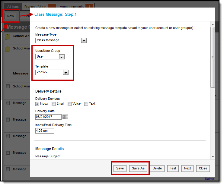 Screenshot highlighting the New button in the Message Center and the User Group and Template fields. 
